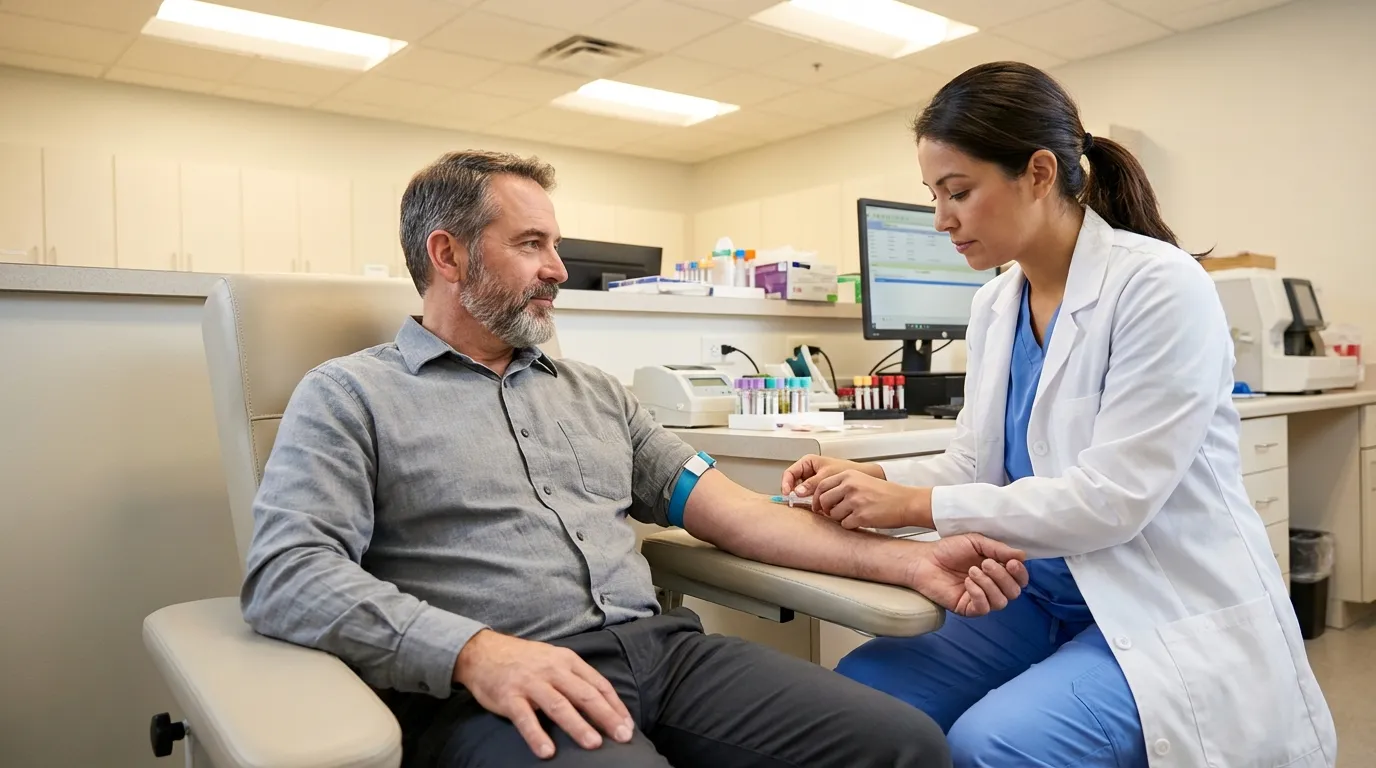 A nurse draws blood from a calm, bearded man in a clinical setting, an initial step for men exploring testosterone therapy.
