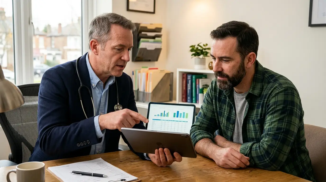 A doctor points at lab results on a tablet to a bearded man, discussing the positive progress from his testosterone replacement therapy.