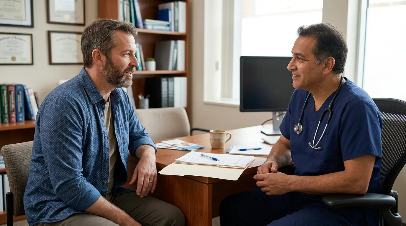 A doctor in blue scrubs and a man with a beard share a friendly conversation, exploring how testosterone therapy can improve well-being.