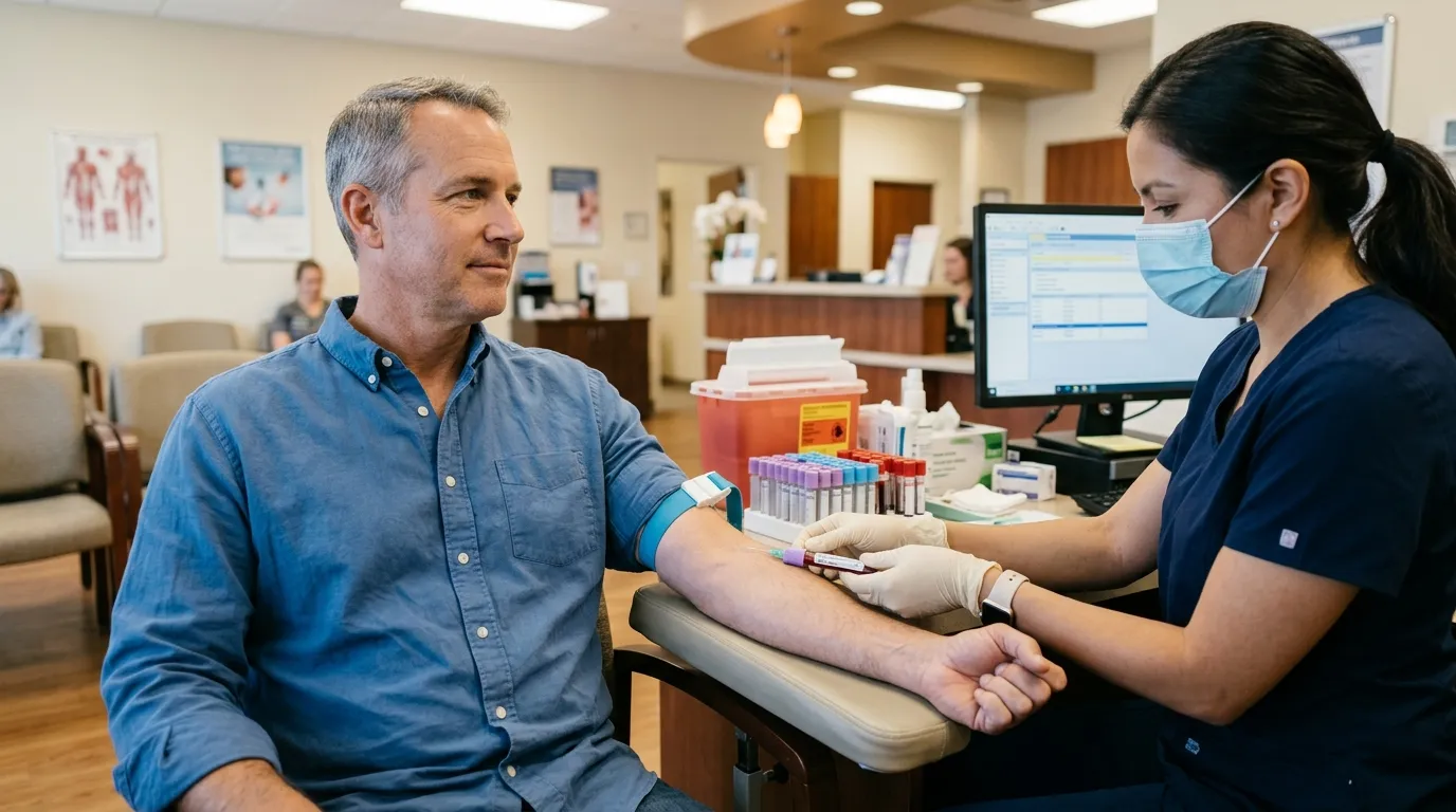 A man calmly receives a blood draw from a nurse, an essential step for monitoring health with testosterone replacement therapy.