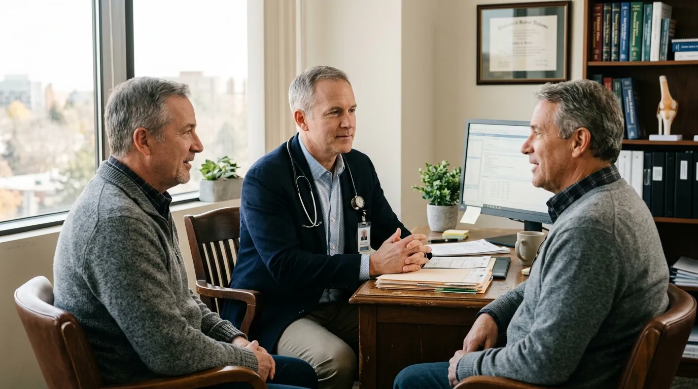 A male doctor consults with two men in an office, discussing options like testosterone replacement therapy to improve their well-being.
