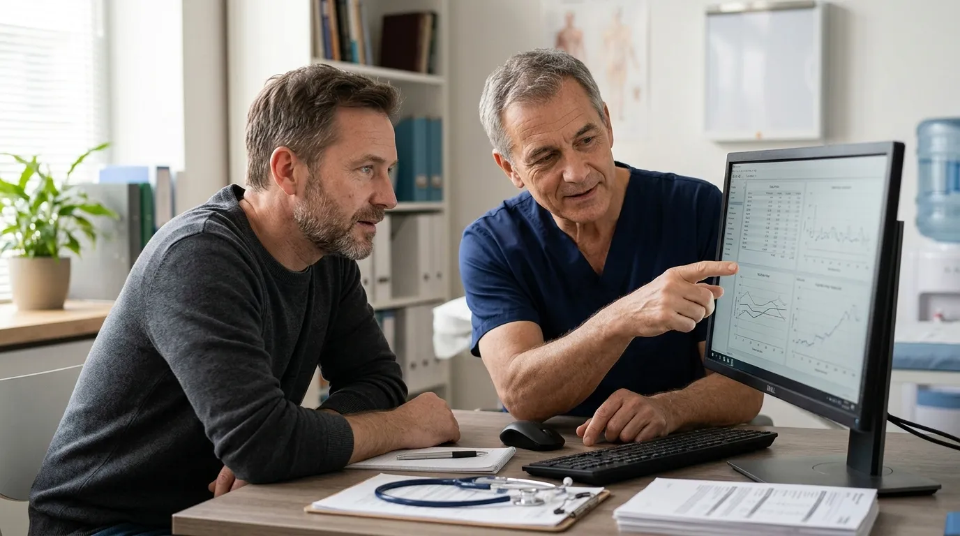 A doctor in blue scrubs explains medical data on a computer screen to a man, showing the positive impacts of testosterone replacement therapy.