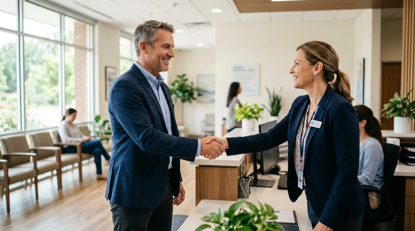 A man smiles shaking hands with a clinic professional, a welcoming scene for men starting testosterone therapy.