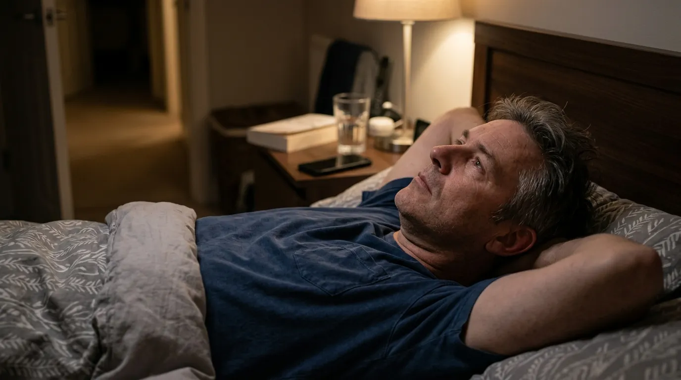A man lies awake in bed at dawn, experiencing the low energy that often leads men to explore testosterone replacement therapy.