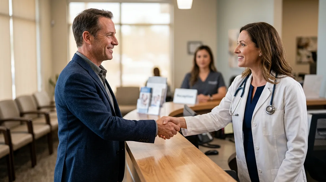 A man and doctor shaking hands at a reception desk, a positive scene common with successful testosterone replacement therapy.