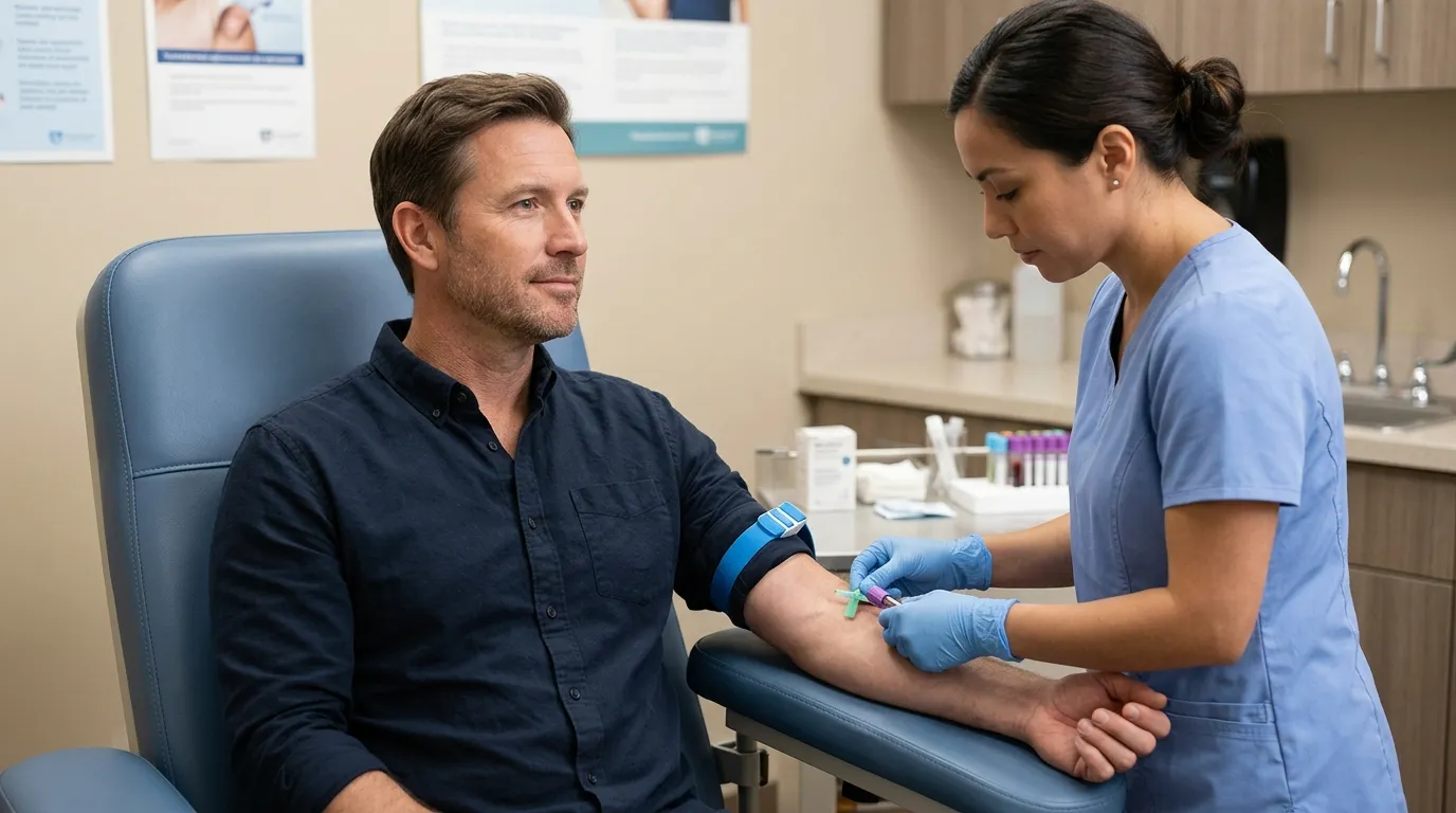 A man calmly receives a blood draw from a nurse in a clinic, an important step in assessing health for potential testosterone therapy.