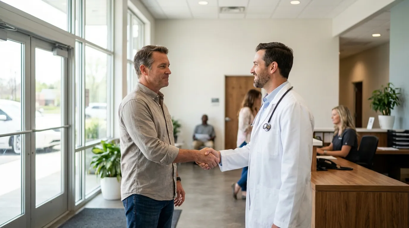 A friendly doctor shakes hands with a smiling man in a modern clinic, representing a positive new beginning with testosterone therapy.
