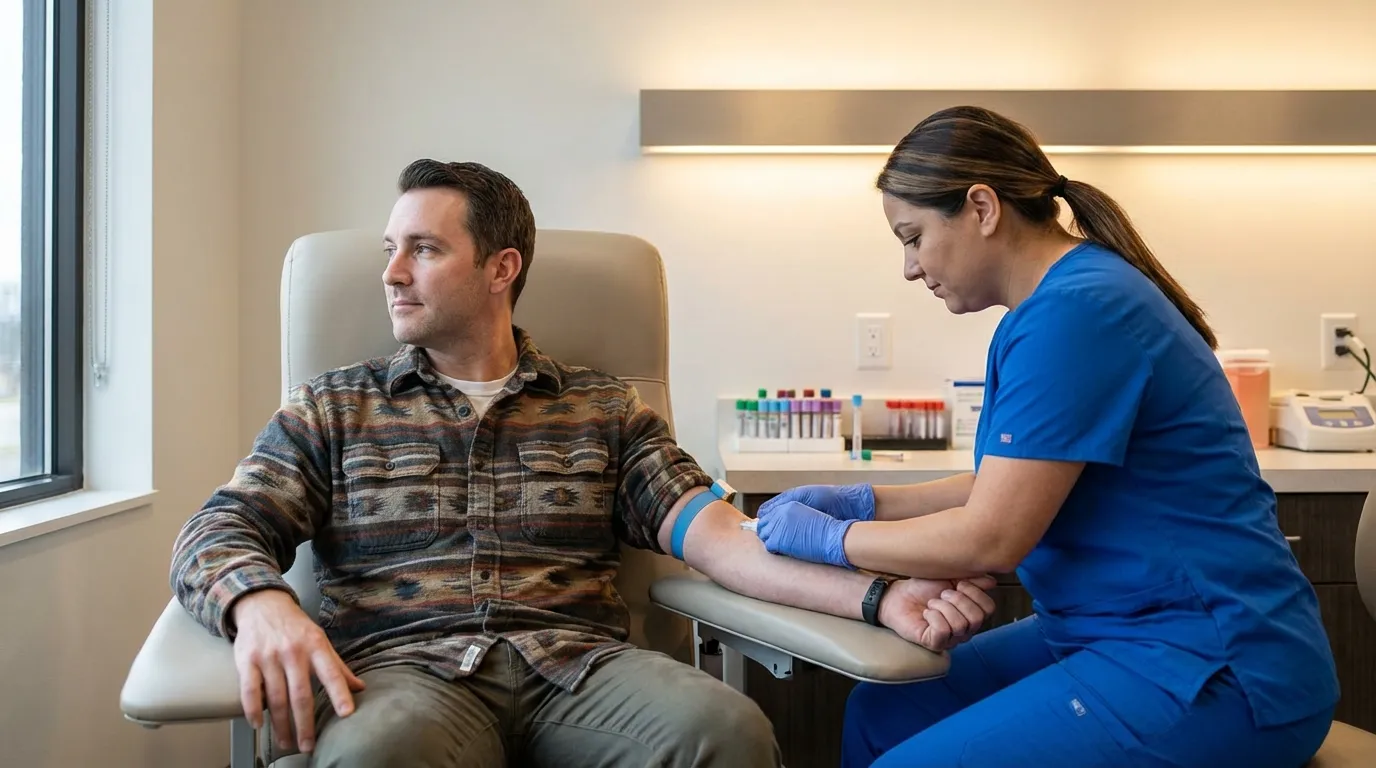 A calm man receives a routine blood draw from a nurse, an essential step in monitoring testosterone therapy.
