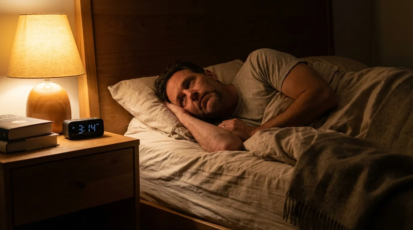 A man lies awake in bed at 3:14 AM, experiencing the restless nights and fatigue often prompting men to seek TRT.
