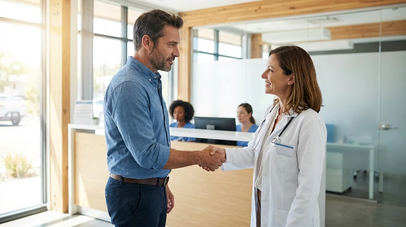 A man shakes hands with a smiling doctor in a welcoming clinic, reflecting the supportive path many begin with testosterone therapy.