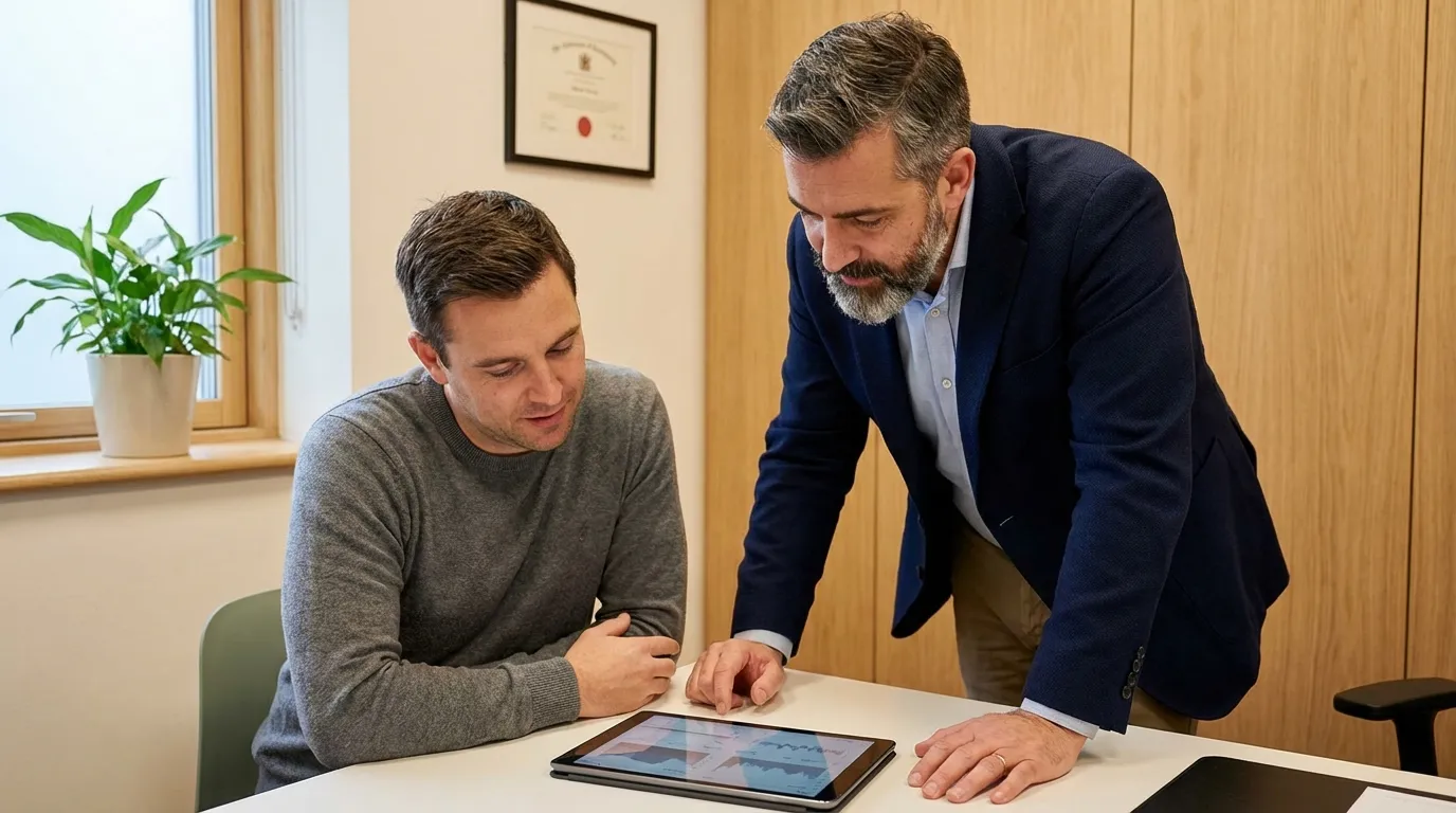 Two men engage in a focused discussion, reviewing data charts on a tablet, a common step for men on testosterone replacement therapy.