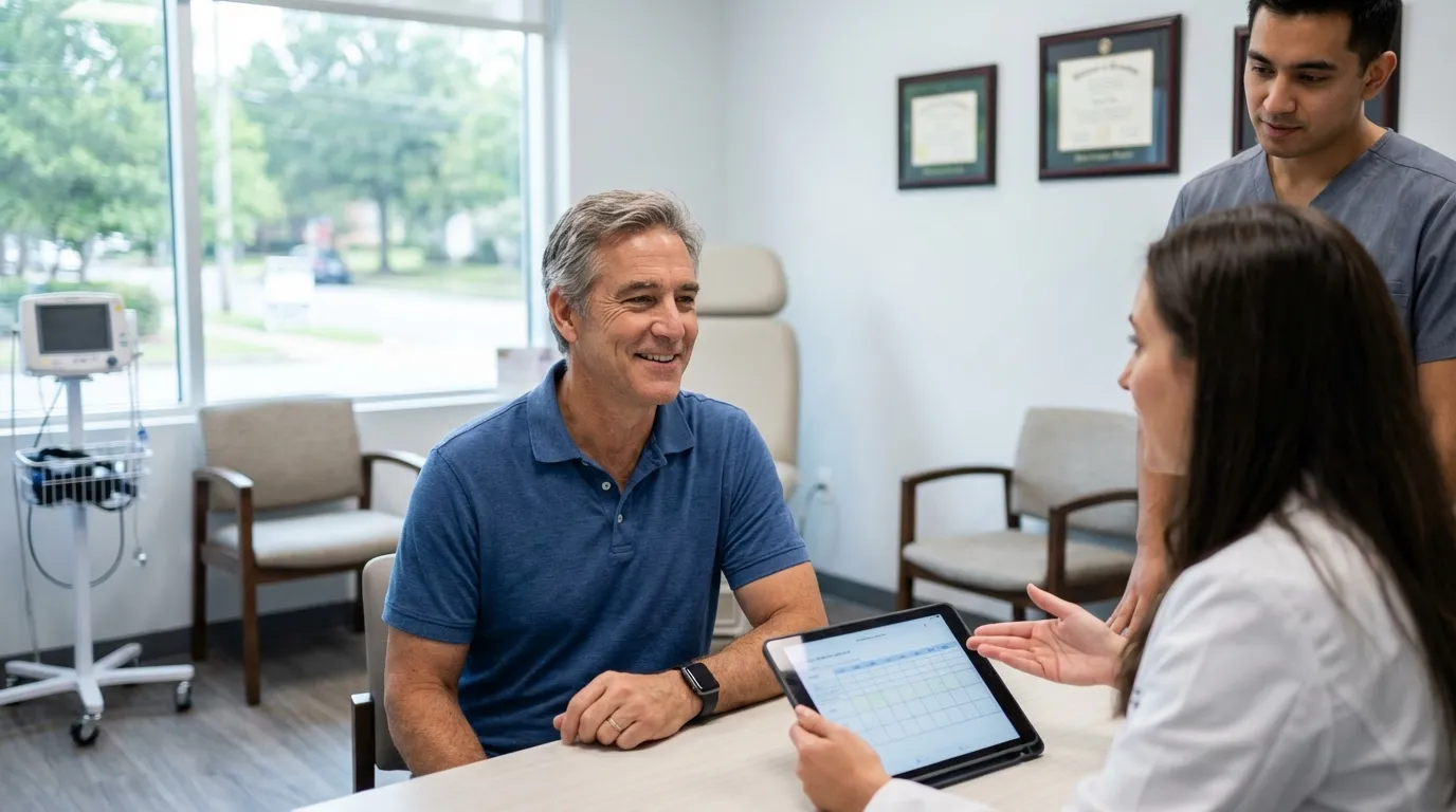 Doctor explaining testosterone replacement therapy options to patient
