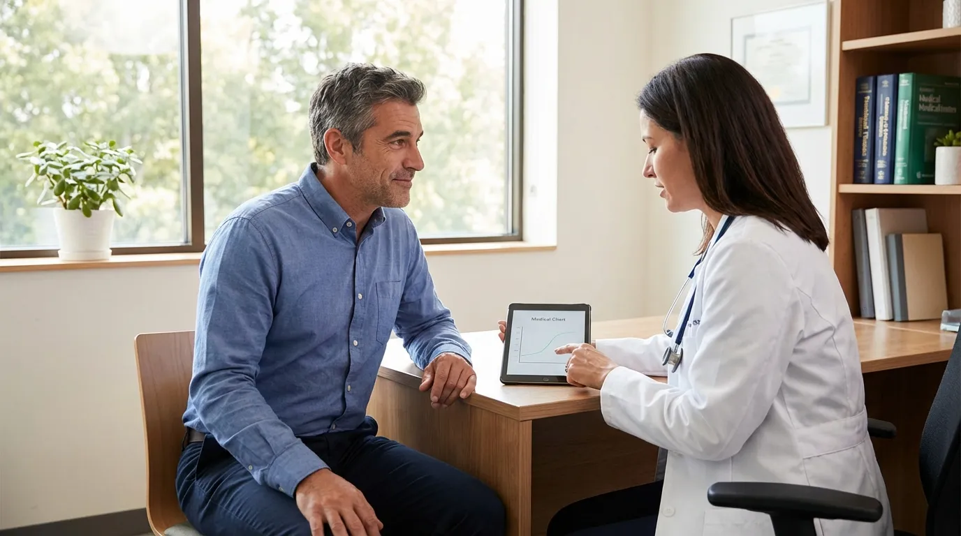 Middle-aged man discussing health symptoms with doctor in clinical setting
