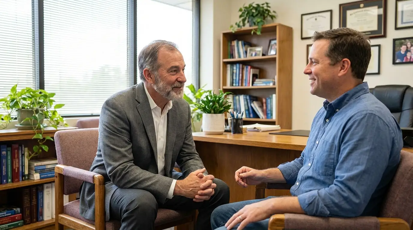 Two men smiling in an office chat, reflecting the welcoming consultations for men seeking testosterone therapy.