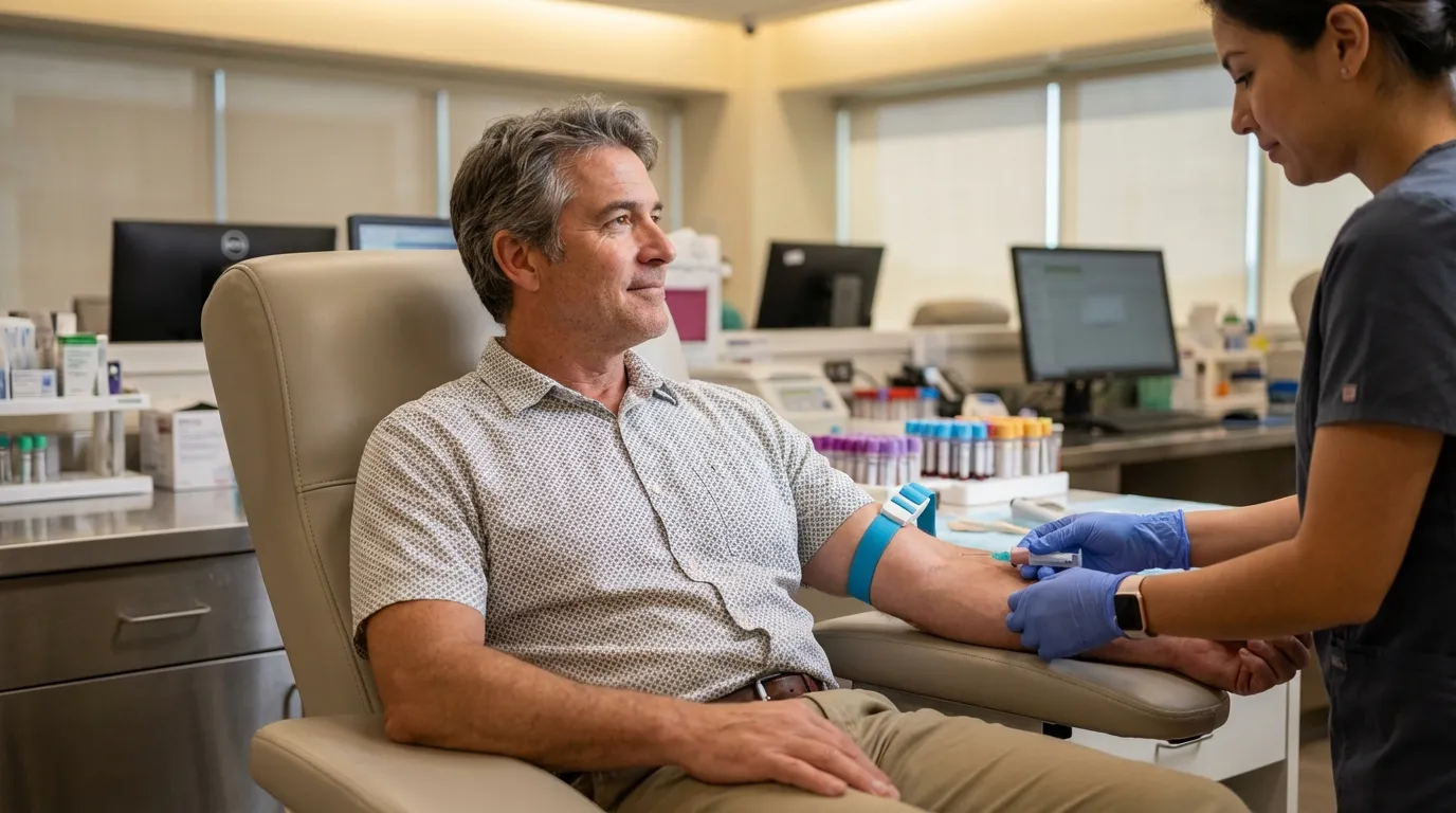 A smiling father in a bright clinic receives a blood draw from a nurse, a necessary step when considering testosterone replacement therapy.