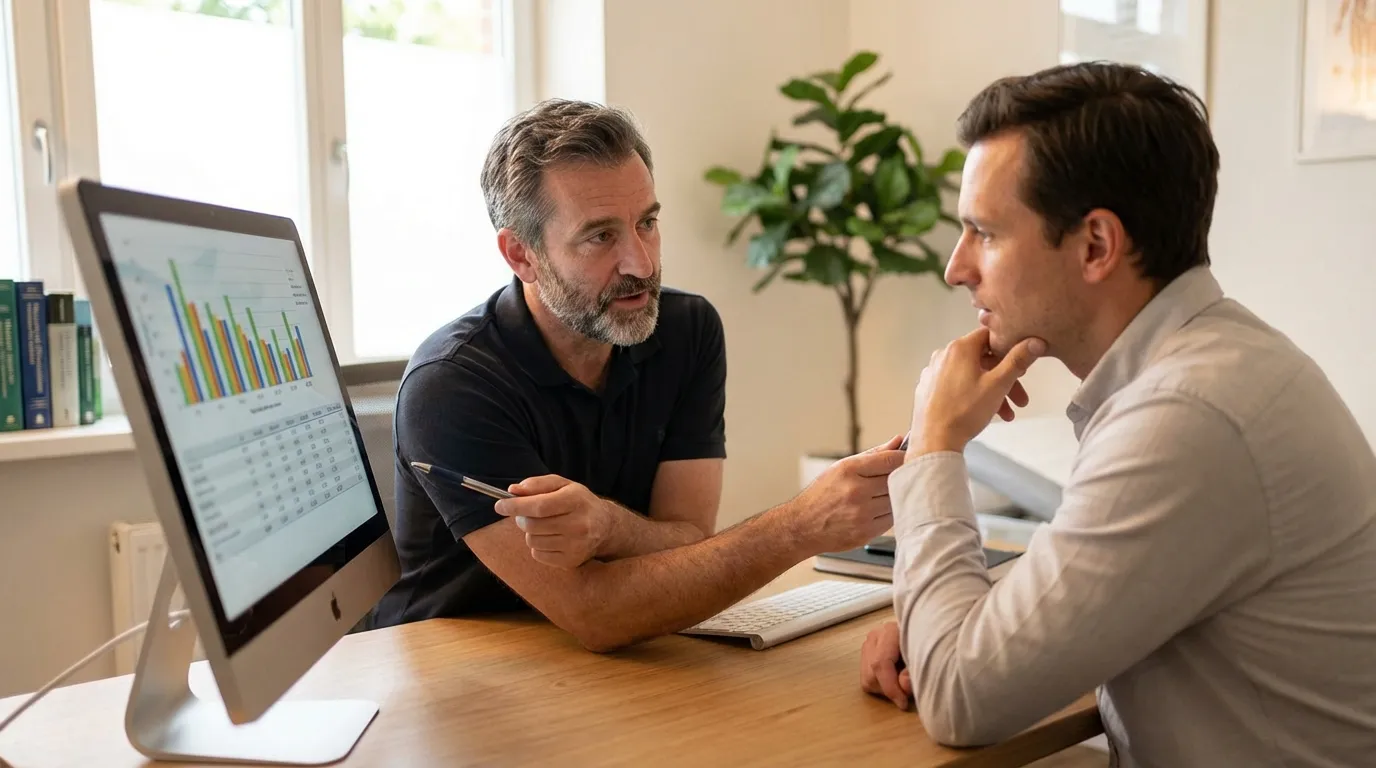 Two men review medical data on a computer, a common scenario for monitoring progress during testosterone therapy.