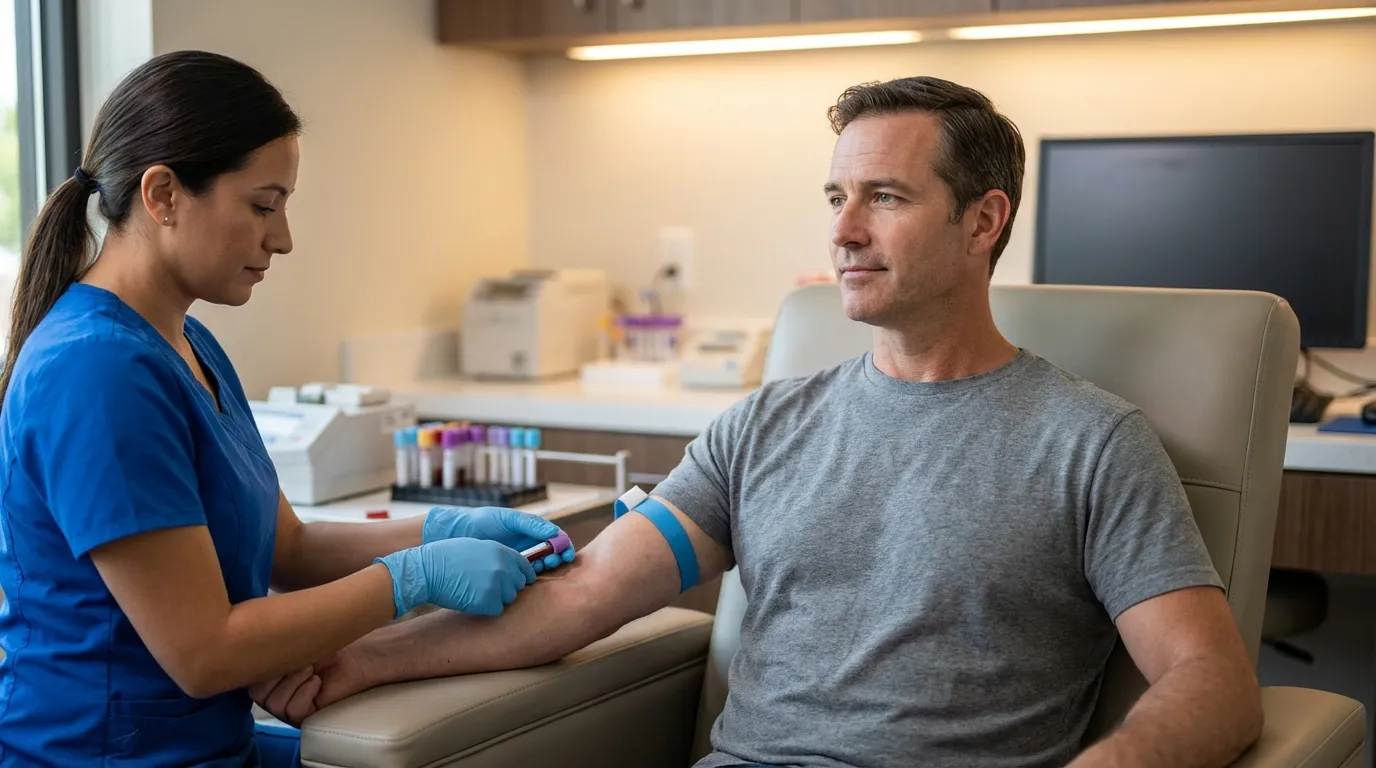 A nurse draws blood from a man's arm in a clean clinic, an important step when considering testosterone replacement therapy.