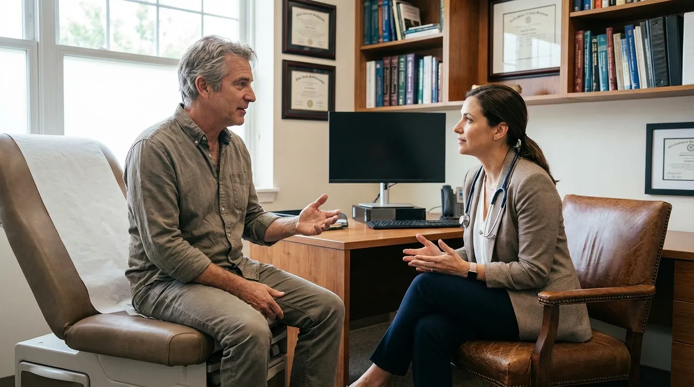 A man discusses his health concerns with a female doctor in a modern clinic office, exploring options for testosterone therapy.