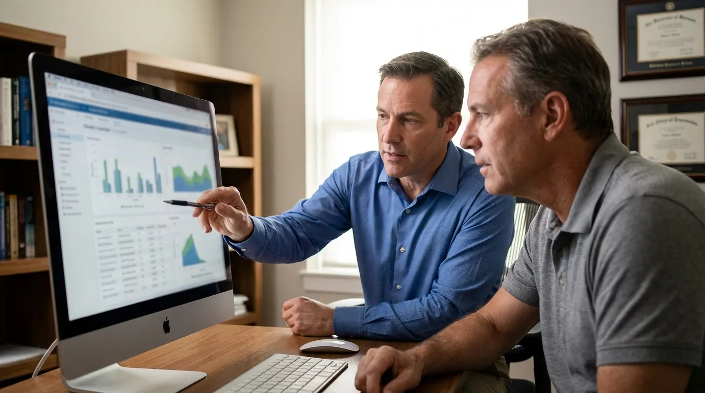 Two men intently review computer data, demonstrating the sharp focus and mental clarity often enhanced by TRT.