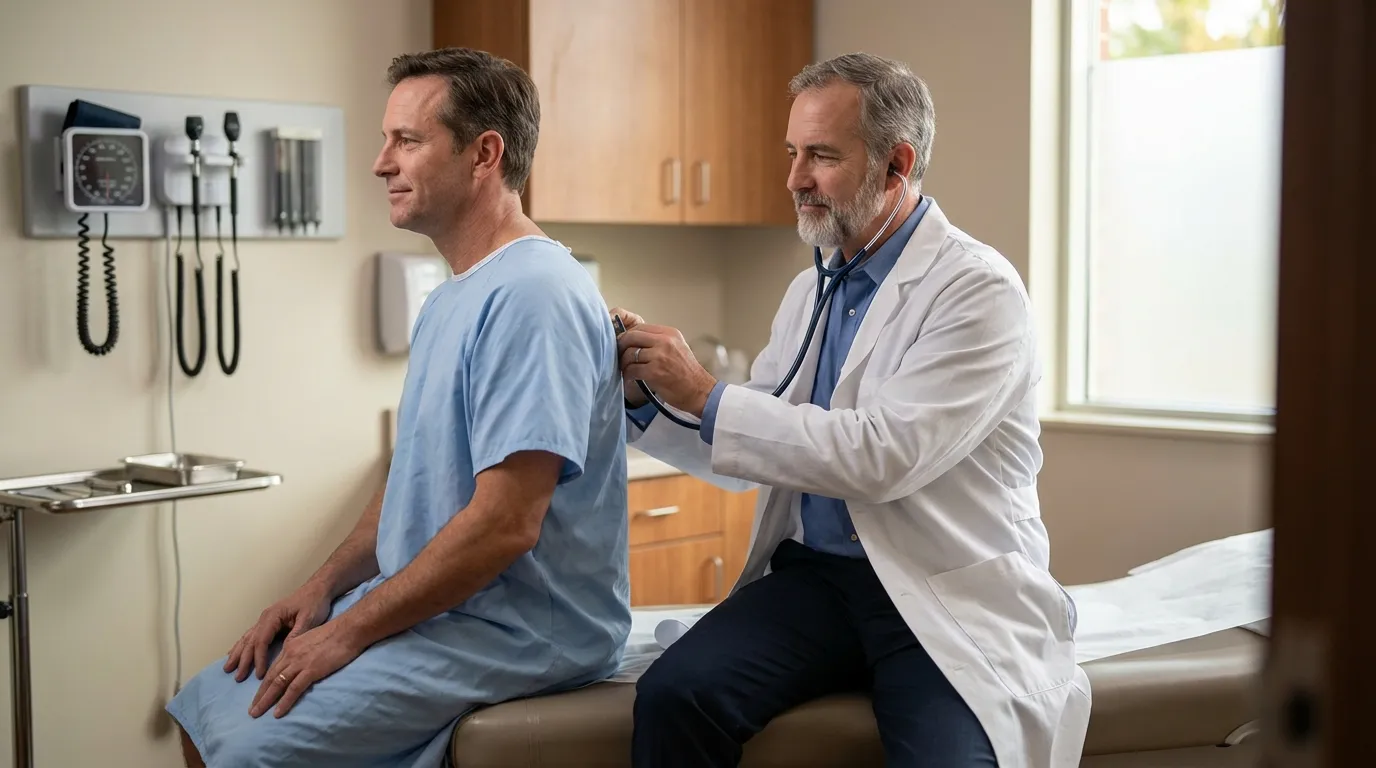 A doctor listens to a man's back with a stethoscope, an important step when considering testosterone replacement therapy.