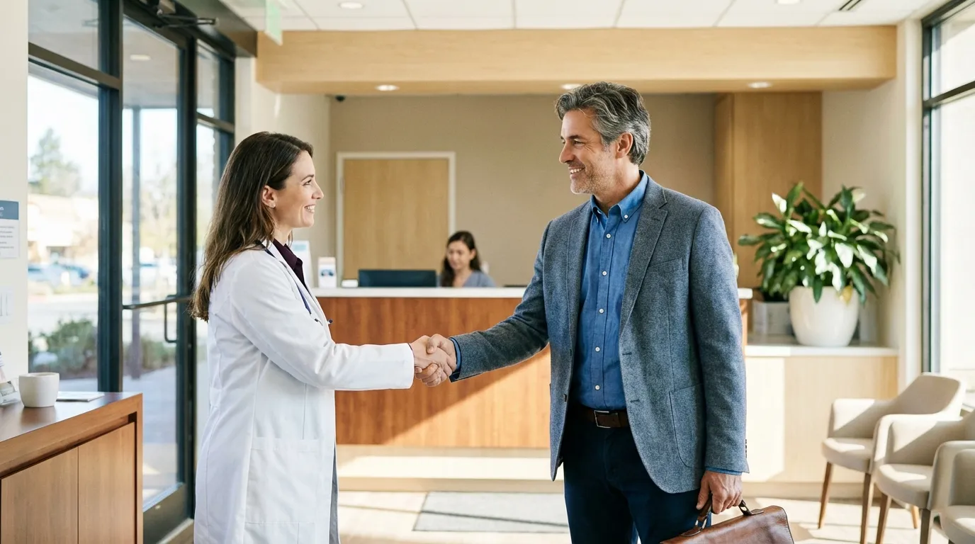 A smiling female doctor shakes hands with a man in a modern clinic, a positive first step many take toward testosterone replacement therapy.