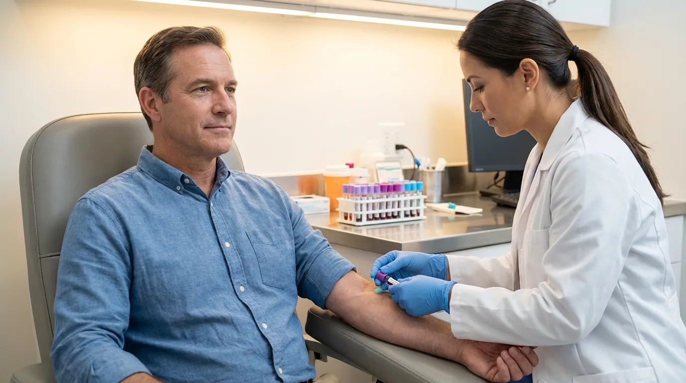 A man calmly receives a blood draw from a nurse, a common step in assessing hormone levels when considering TRT.