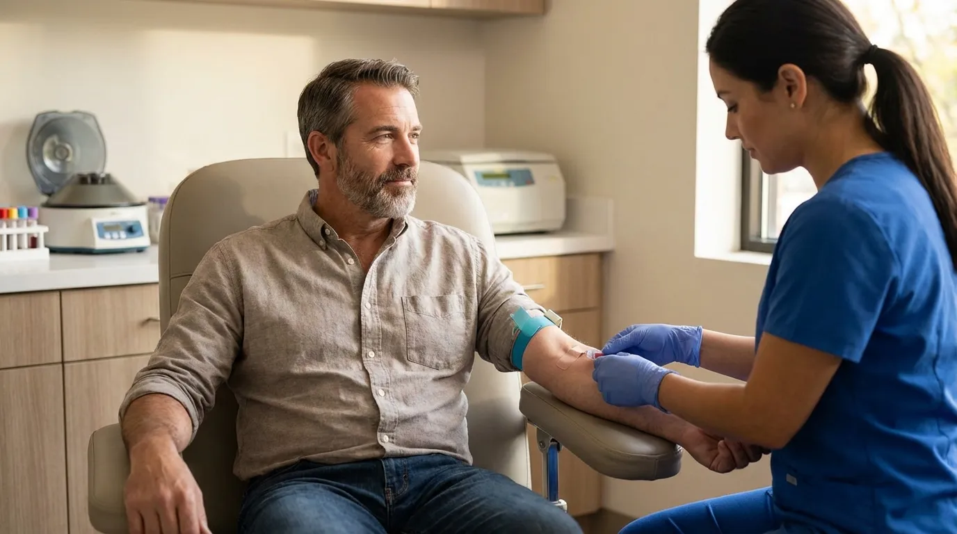 A calm man receives a blood draw from a nurse, an essential step in determining eligibility for testosterone replacement therapy.