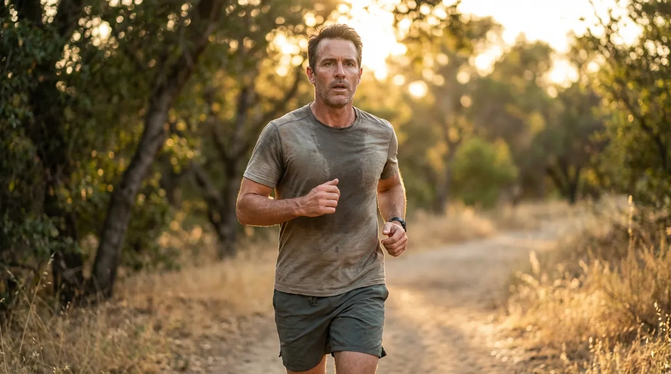 A determined, sweaty man runs on a sunny dirt trail through trees, showcasing the vibrant energy men can rediscover with TRT.