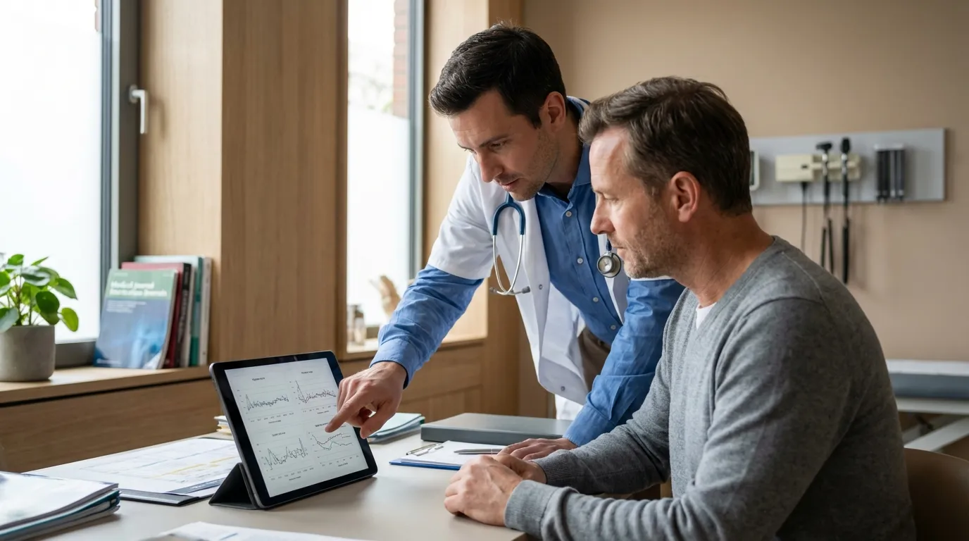 A doctor reviews medical graphs on a tablet with a focused man, explaining results that may lead to testosterone therapy.