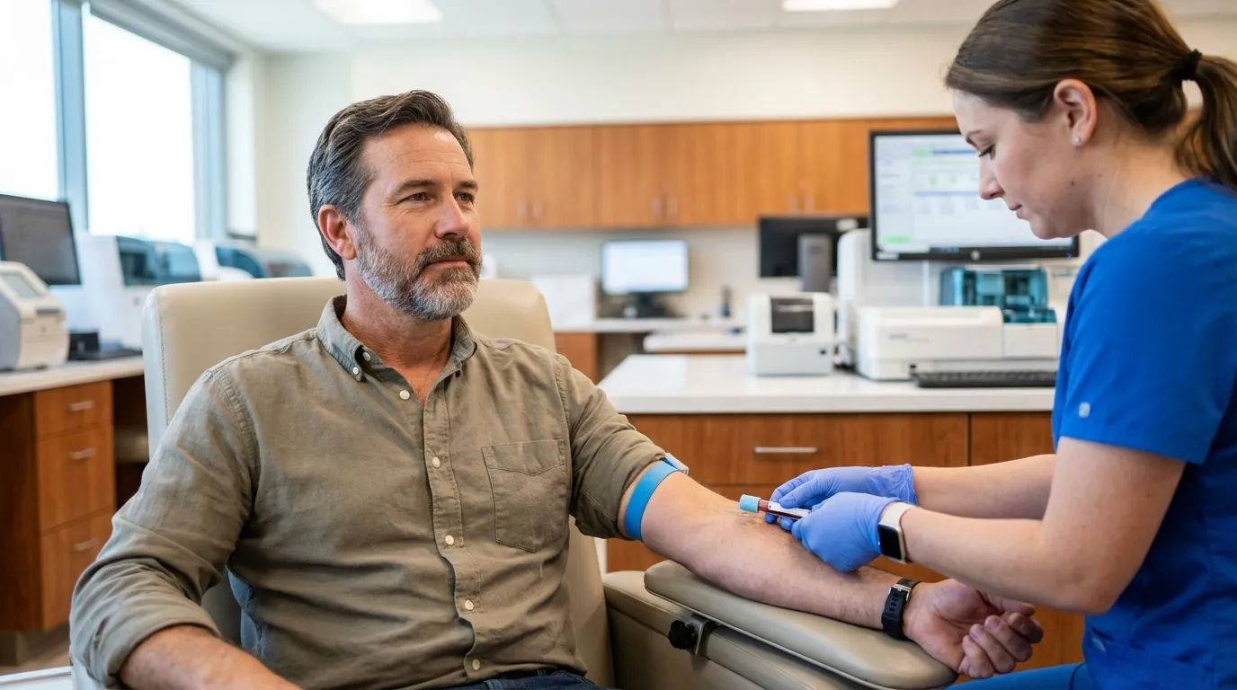 A bearded man calmly has blood drawn by a nurse in a medical clinic, an essential first step for exploring testosterone replacement therapy.