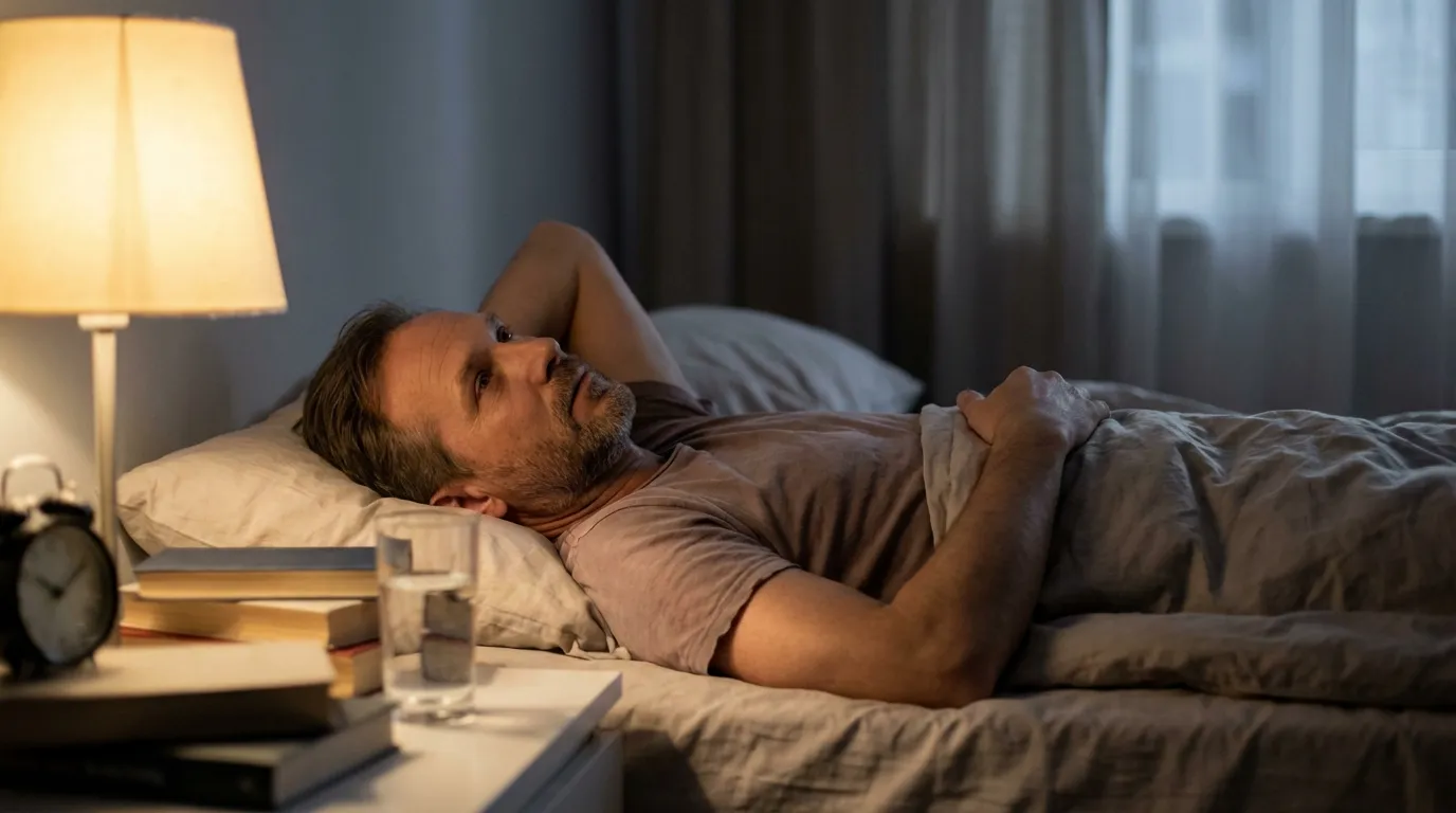 A restless father lies awake in his bed during the night, experiencing sleep troubles that often lead men to consider testosterone replacement therapy.