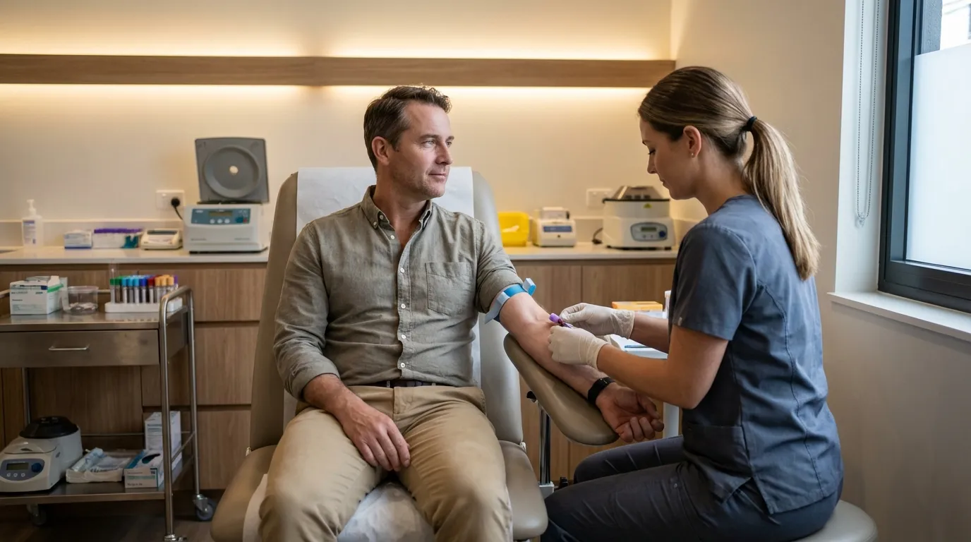 A calm man receives a blood draw from a nurse in a bright clinic, an initial step for a testosterone therapy evaluation.