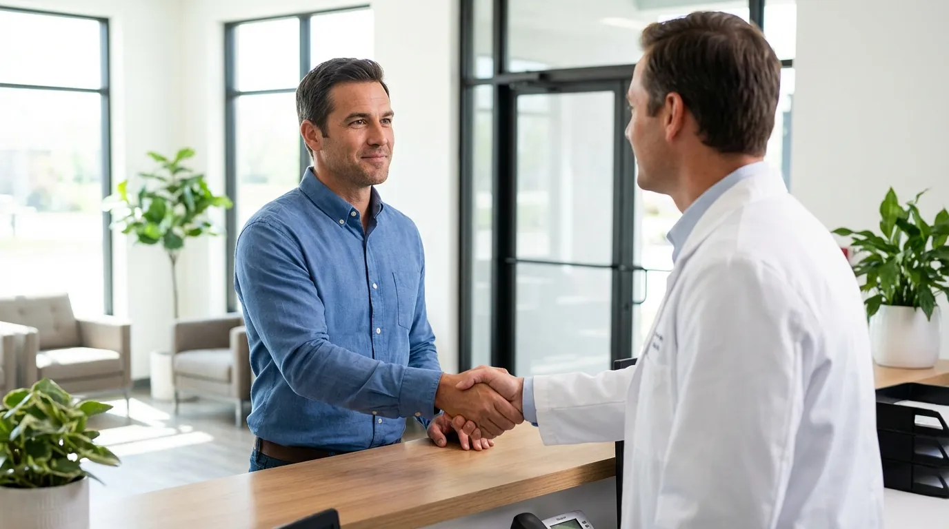 A doctor in a white coat shakes hands with a smiling man at a clinic reception, signifying a positive step in his testosterone replacement therapy.