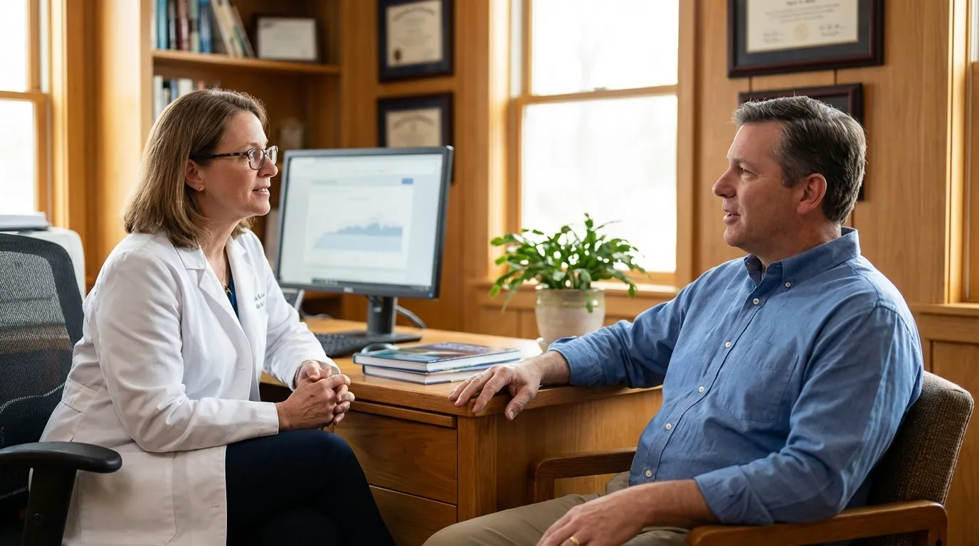 A doctor consults a man in an office, discussing how testosterone replacement therapy may restore his vitality and well-being.