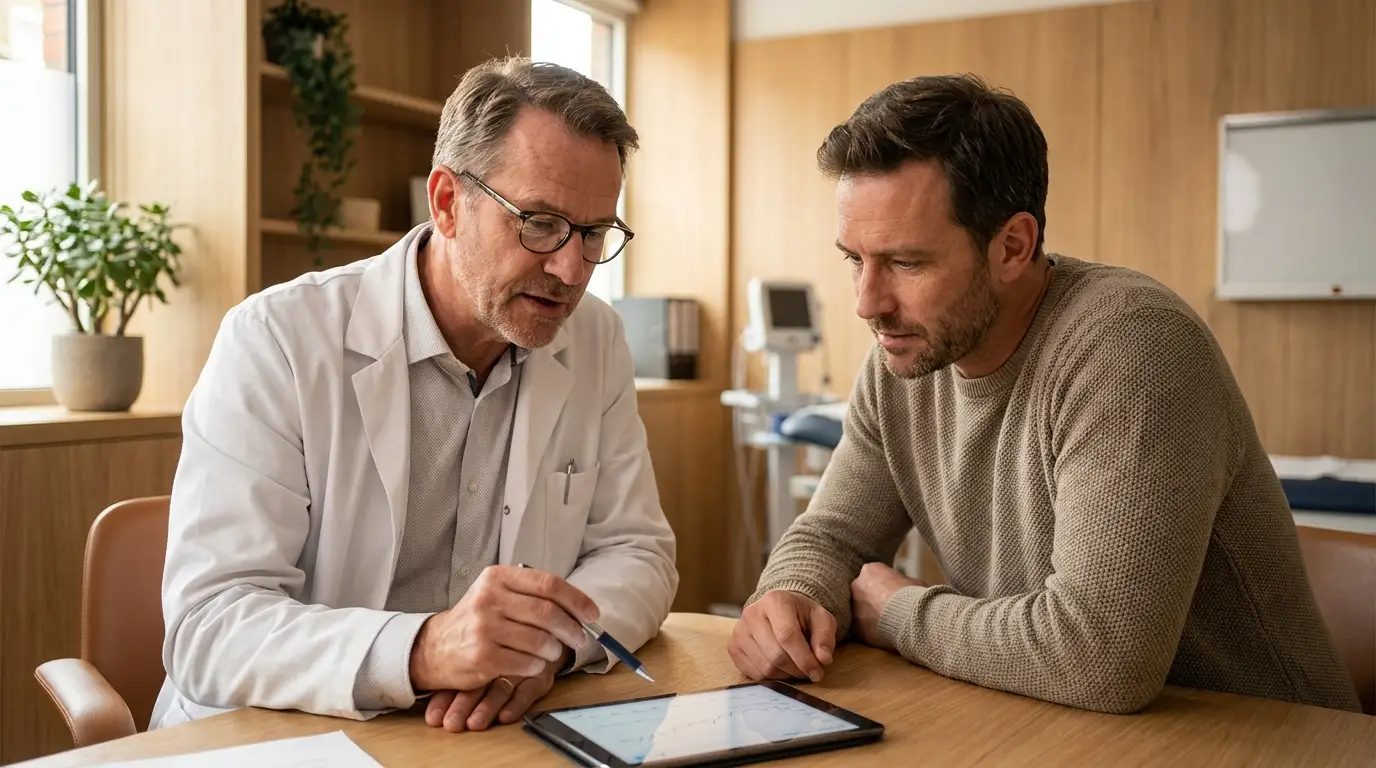 A doctor explains medical results on a tablet to a focused man, an important step for men exploring testosterone replacement therapy.