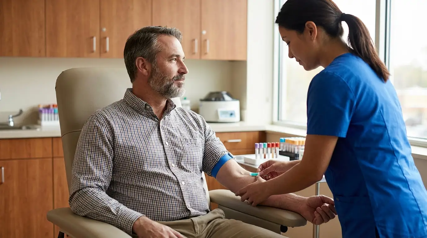 A bearded man is seated while a nurse performs a blood draw from his arm, a common procedure for those considering testosterone therapy.