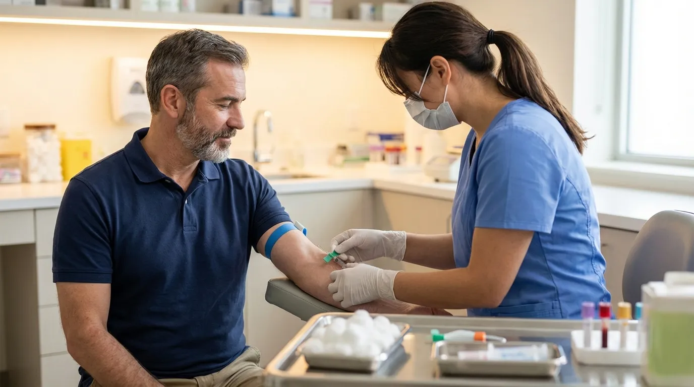 A nurse draws blood from a man in a clinic, a necessary first step for men exploring testosterone replacement therapy.