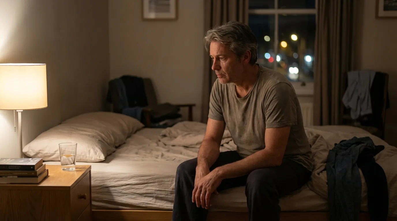 A man sits on his bed at night, his pensive look suggesting the fatigue that often prompts men to seek testosterone therapy.