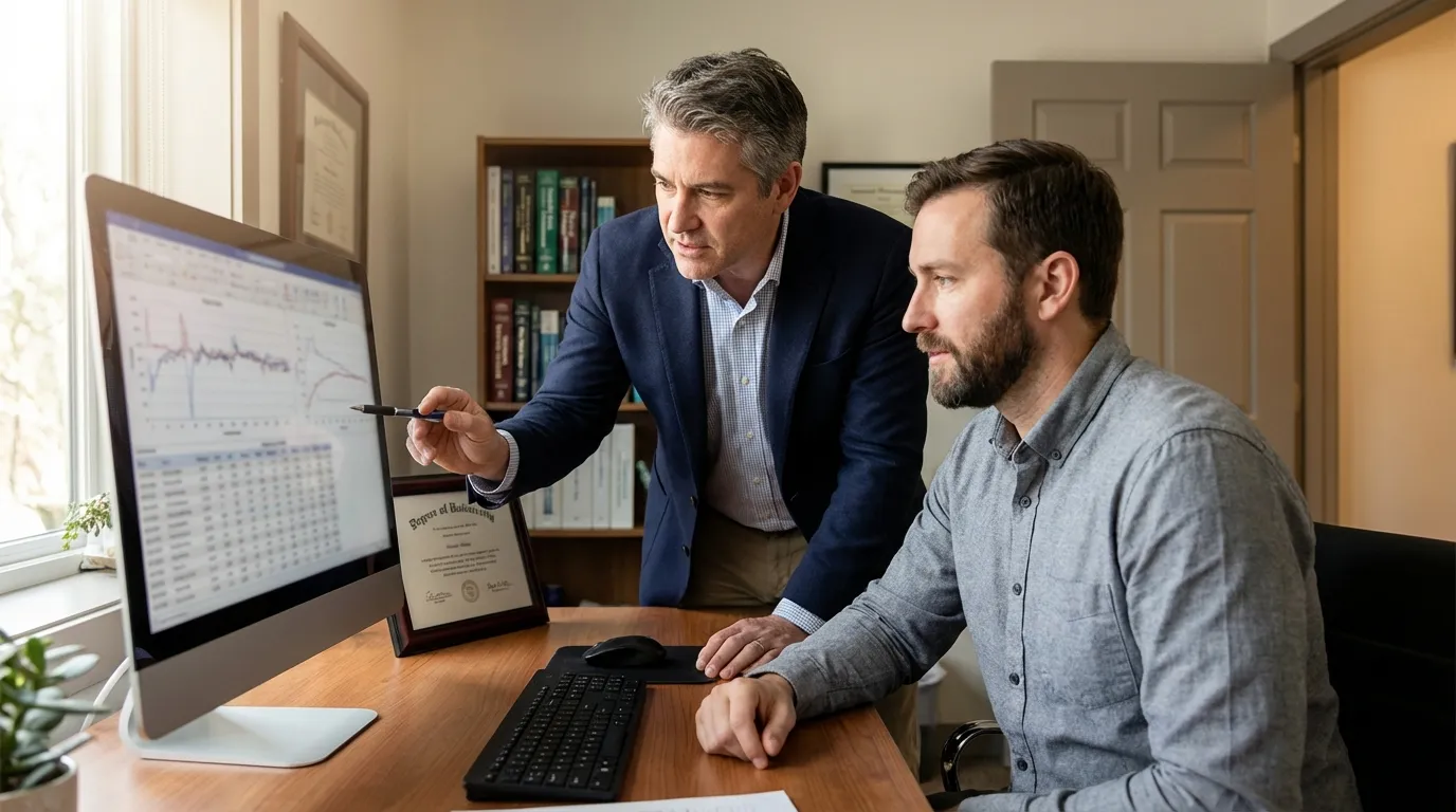 Two professional men thoughtfully examine data charts on a computer, a process that can inform effective testosterone replacement therapy plans.