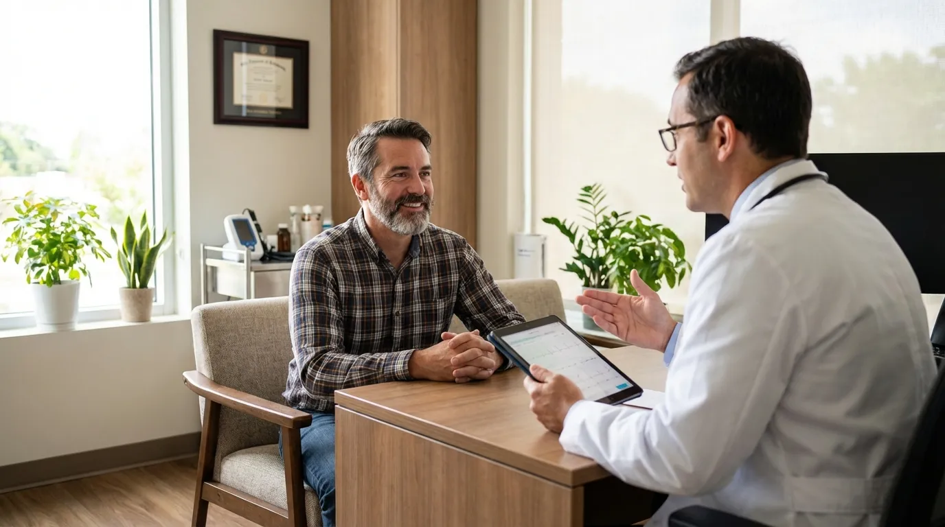 Middle-aged man discussing health symptoms with doctor in clinical setting