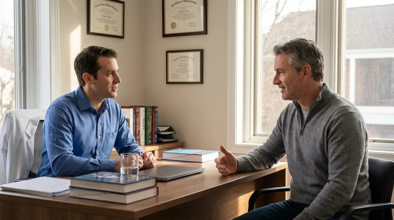 A smiling doctor in a bright office consults with a male patient, a reassuring scene for many men considering testosterone therapy.