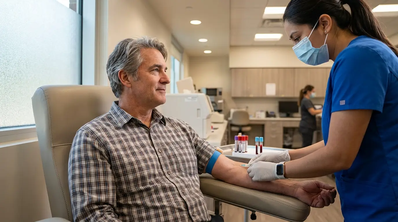 A calm father smiles while a nurse performs a blood draw in a modern clinic, a necessary step for testosterone replacement therapy.