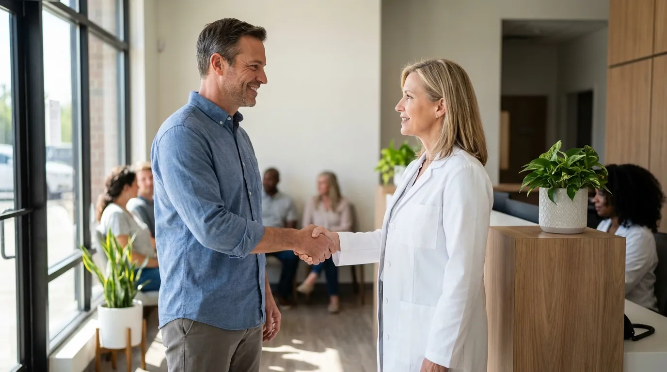A smiling man shakes hands with a friendly doctor in a bright clinic, ready to explore the benefits of testosterone therapy.