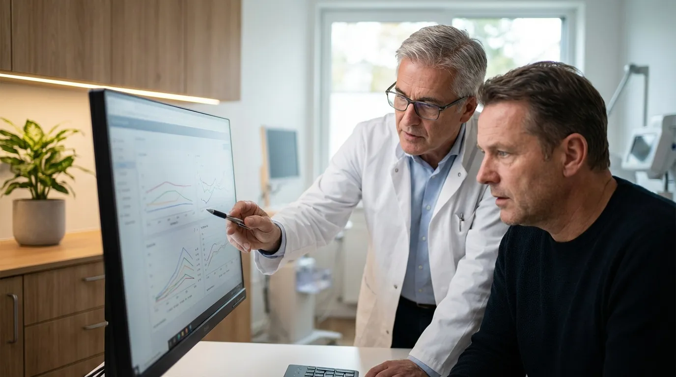 A doctor explains complex health data on a computer screen to a man, a vital discussion for anyone exploring testosterone therapy.