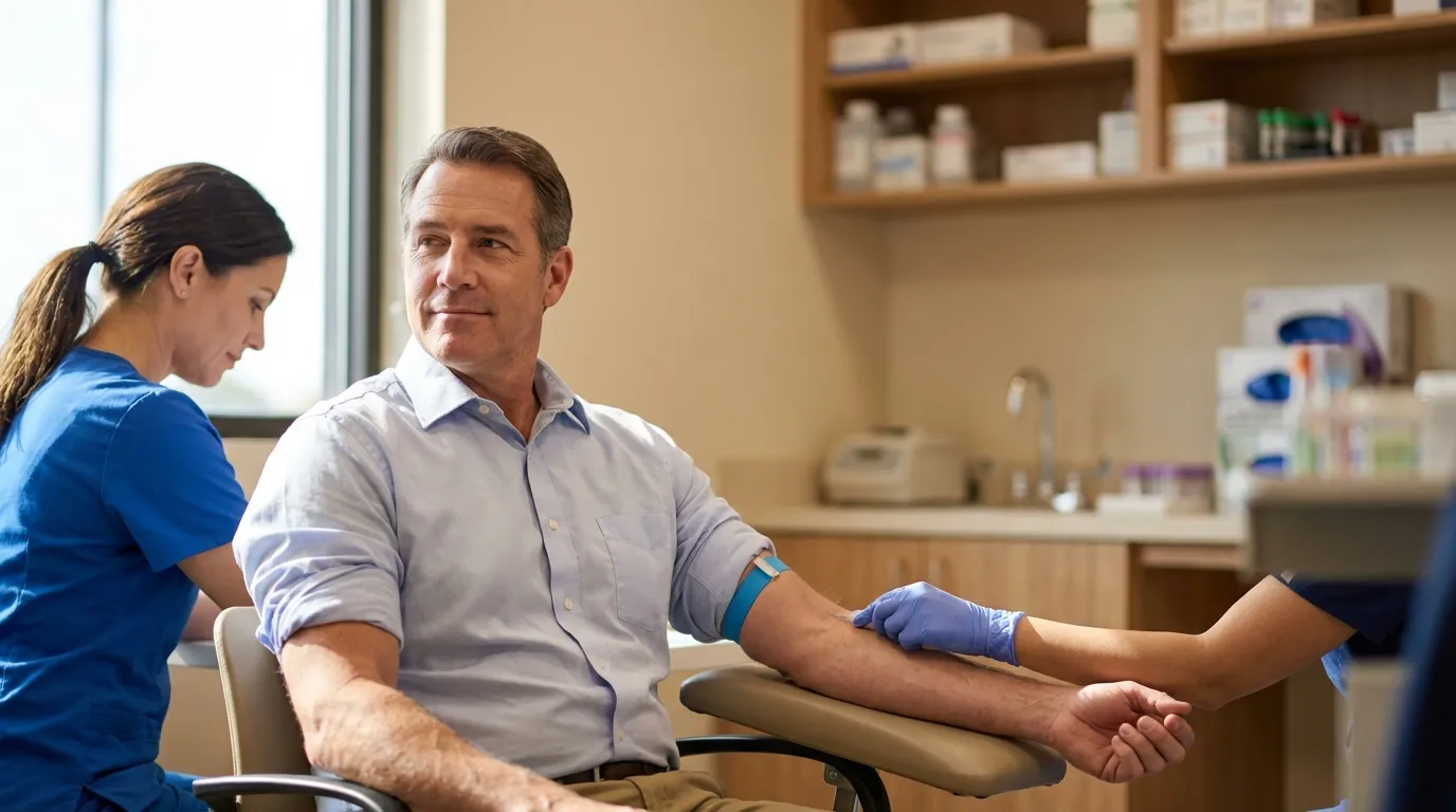 A thoughtful man is having his blood drawn by a nurse in a clinical setting, a crucial step in assessing testosterone replacement therapy levels.