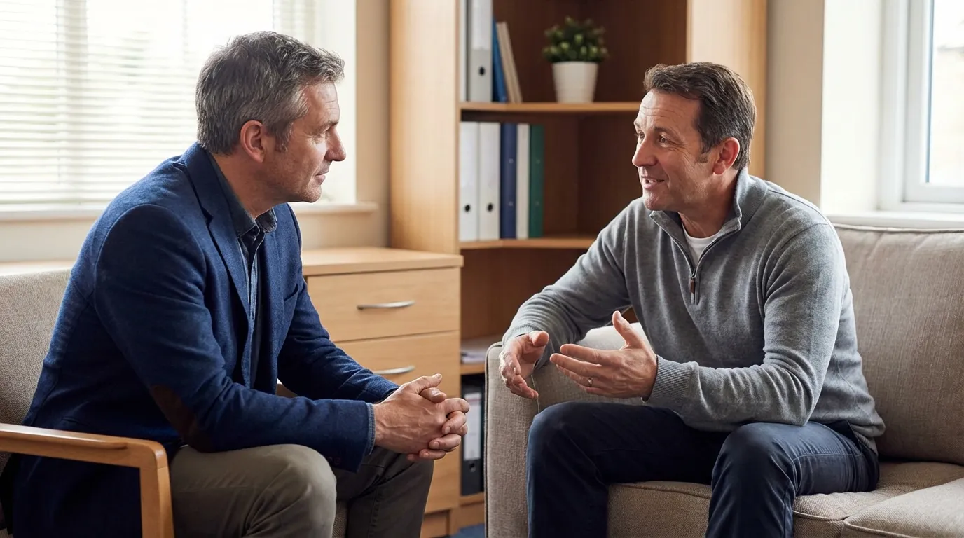 Two middle-aged men sit across from each other, engaged in a serious discussion, perhaps about their journey with testosterone therapy.