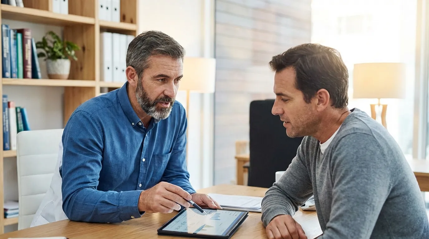 A doctor reviews charts on a tablet with a man, discussing options for his initial testosterone replacement therapy evaluation.