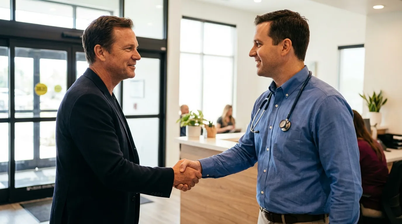 A smiling doctor with a stethoscope shakes hands with a man, representing a positive start to testosterone replacement therapy.