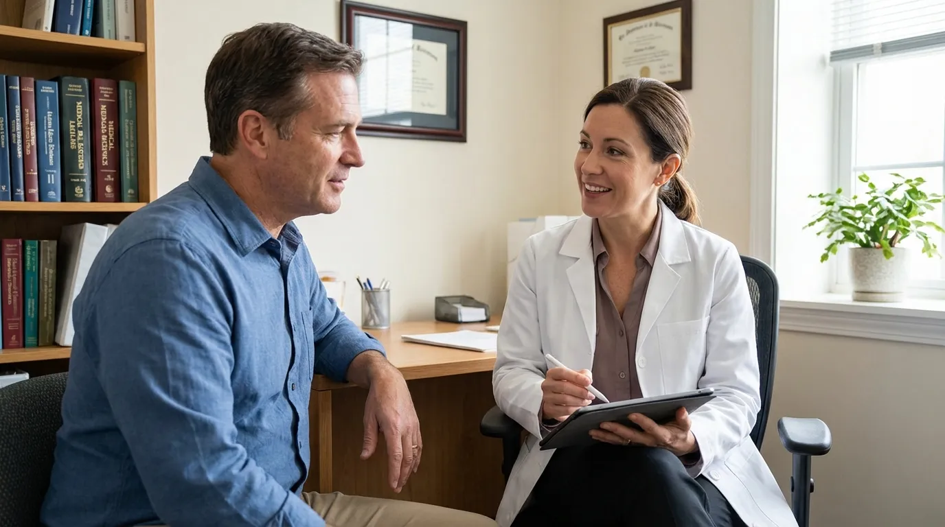 A man smiles, talking with a doctor holding a tablet, embarking on his journey with testosterone replacement therapy.