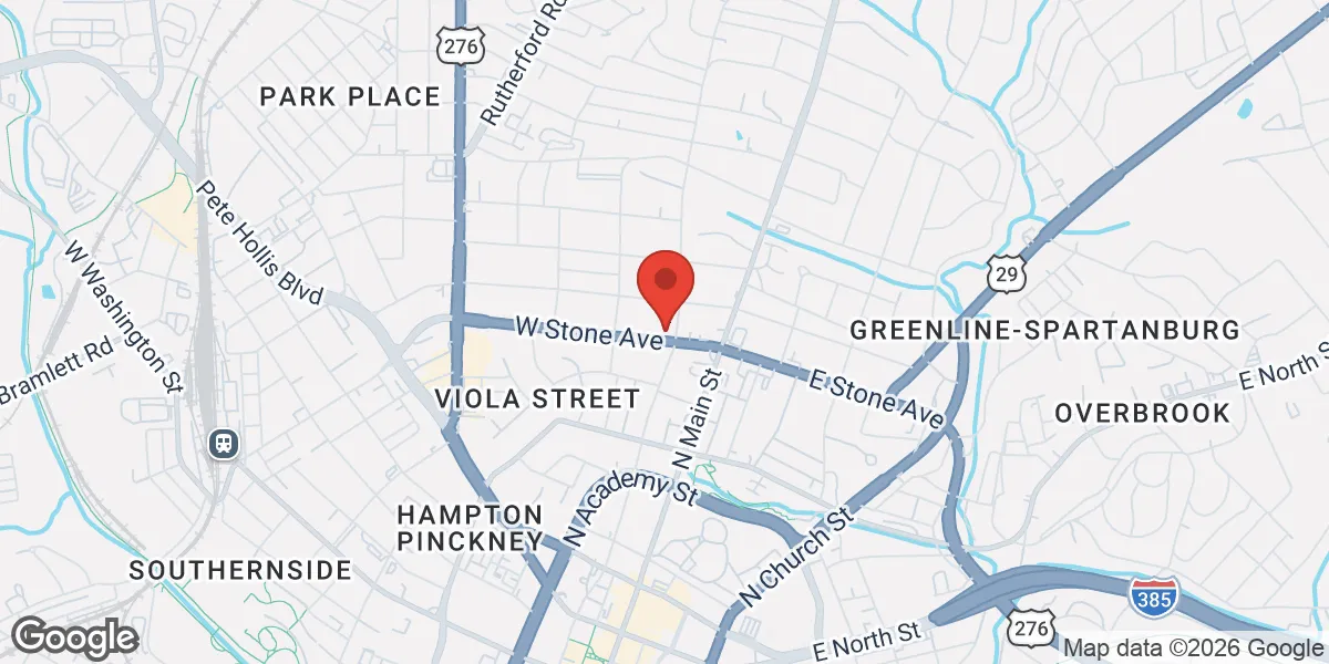 Map showing Gameday Men's Health Downtown Greenville TRT, ED, Peptides & Weight loss Clinic location